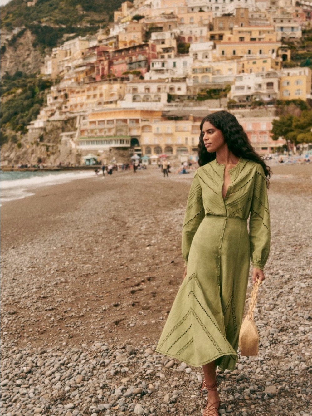 Sezane Olive Green Eyelet Button-Front Maxi Skirt